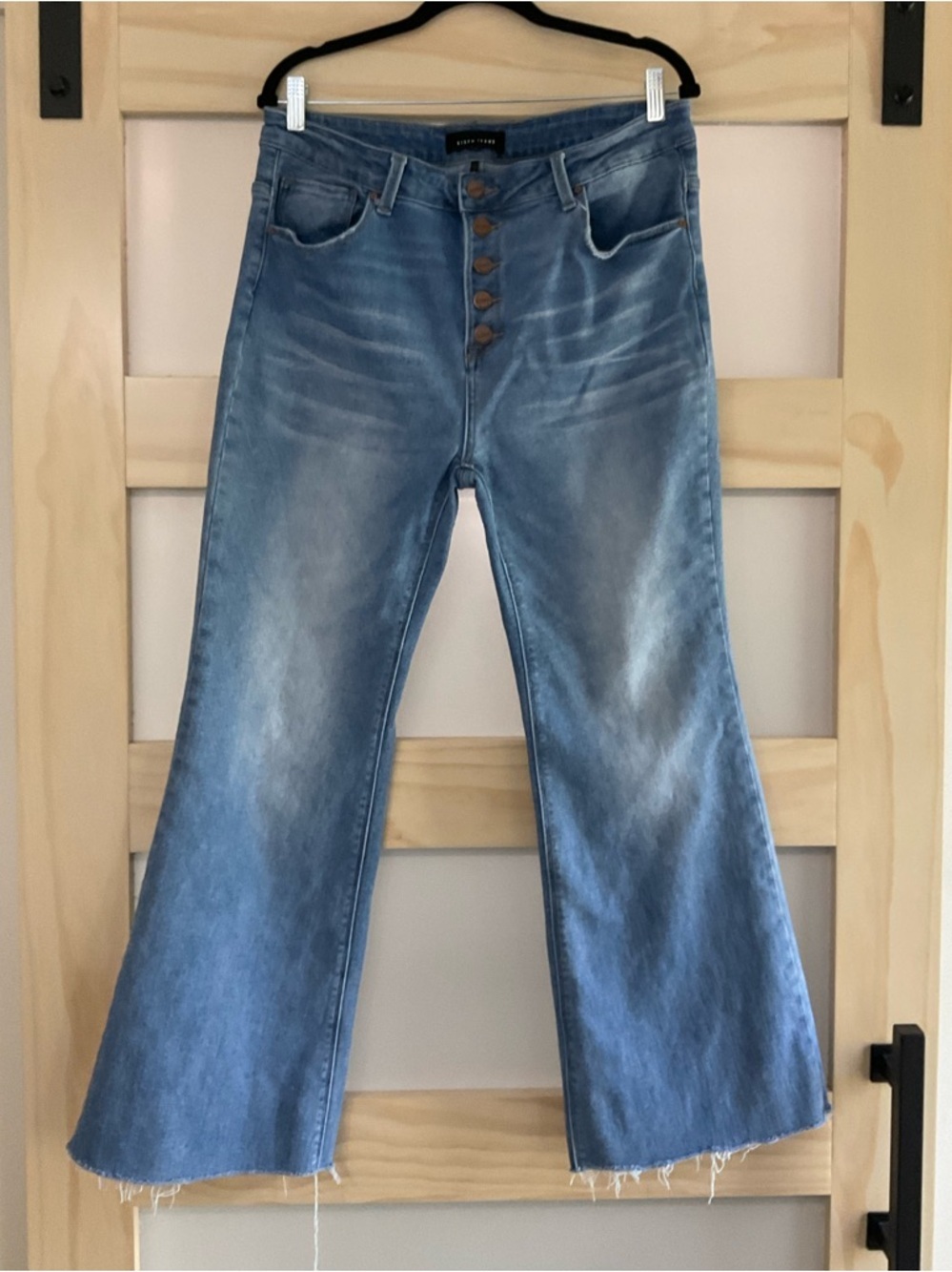 Risen Los Angeles 1X High Rise Button Fly Flare Jeans Distressed Stretch Denim